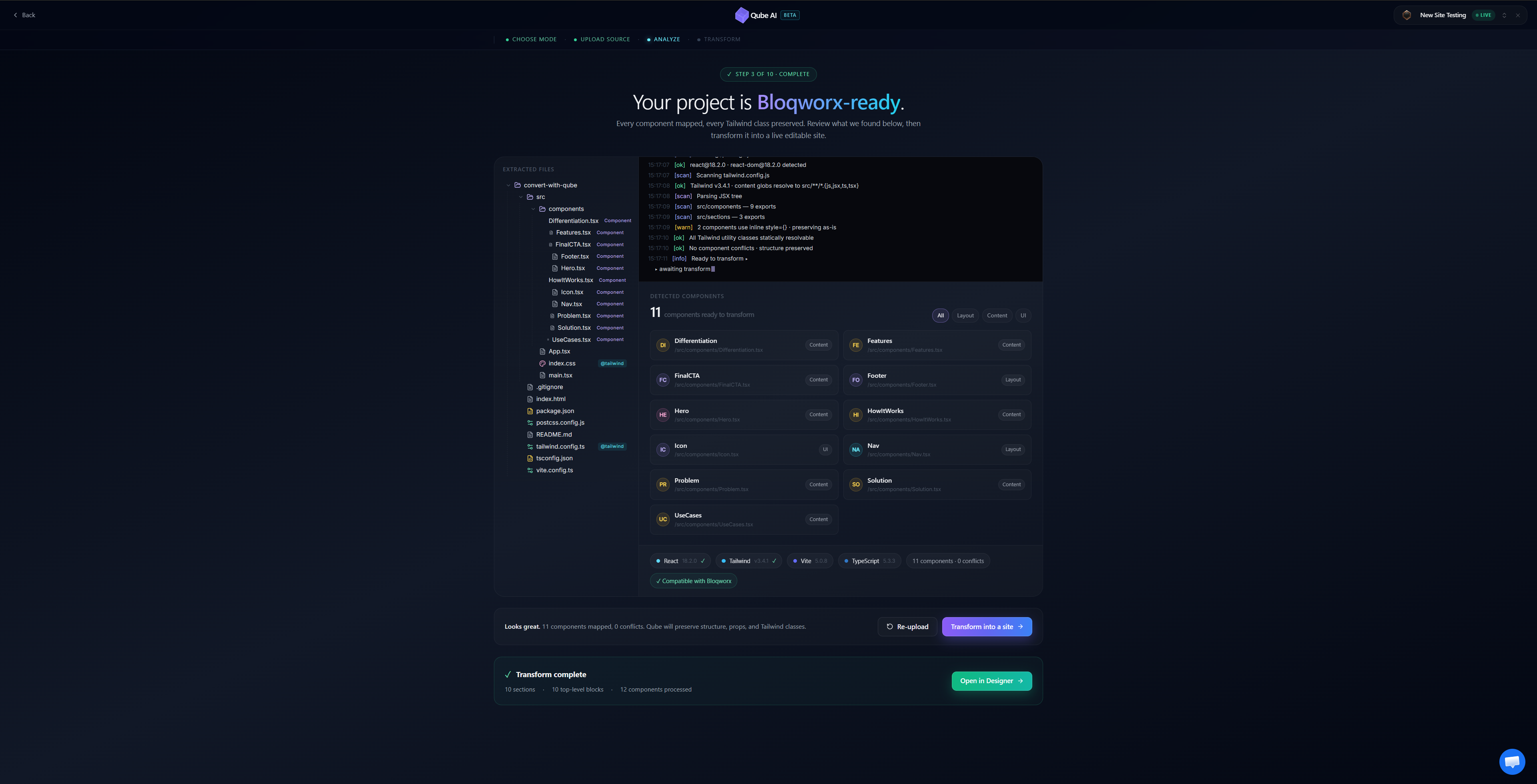 Qube analyze screen showing project is Bloqworx-ready